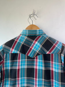 Vintage Ely Aqua Plaid Ruffle Western Shirt