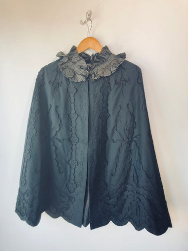 Victorian Black Wool Cape with Ruffled Silk Collar