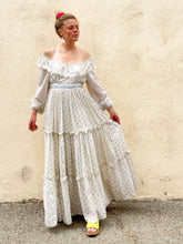 Vintage Gunne Sax Cream + Blue Floral Long Sleeve Maxi Dress
