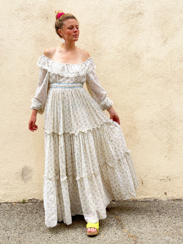 Vintage Gunne Sax Cream + Blue Floral Long Sleeve Maxi Dress