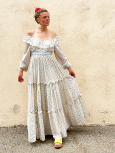 Vintage Gunne Sax Cream + Blue Floral Long Sleeve Maxi Dress