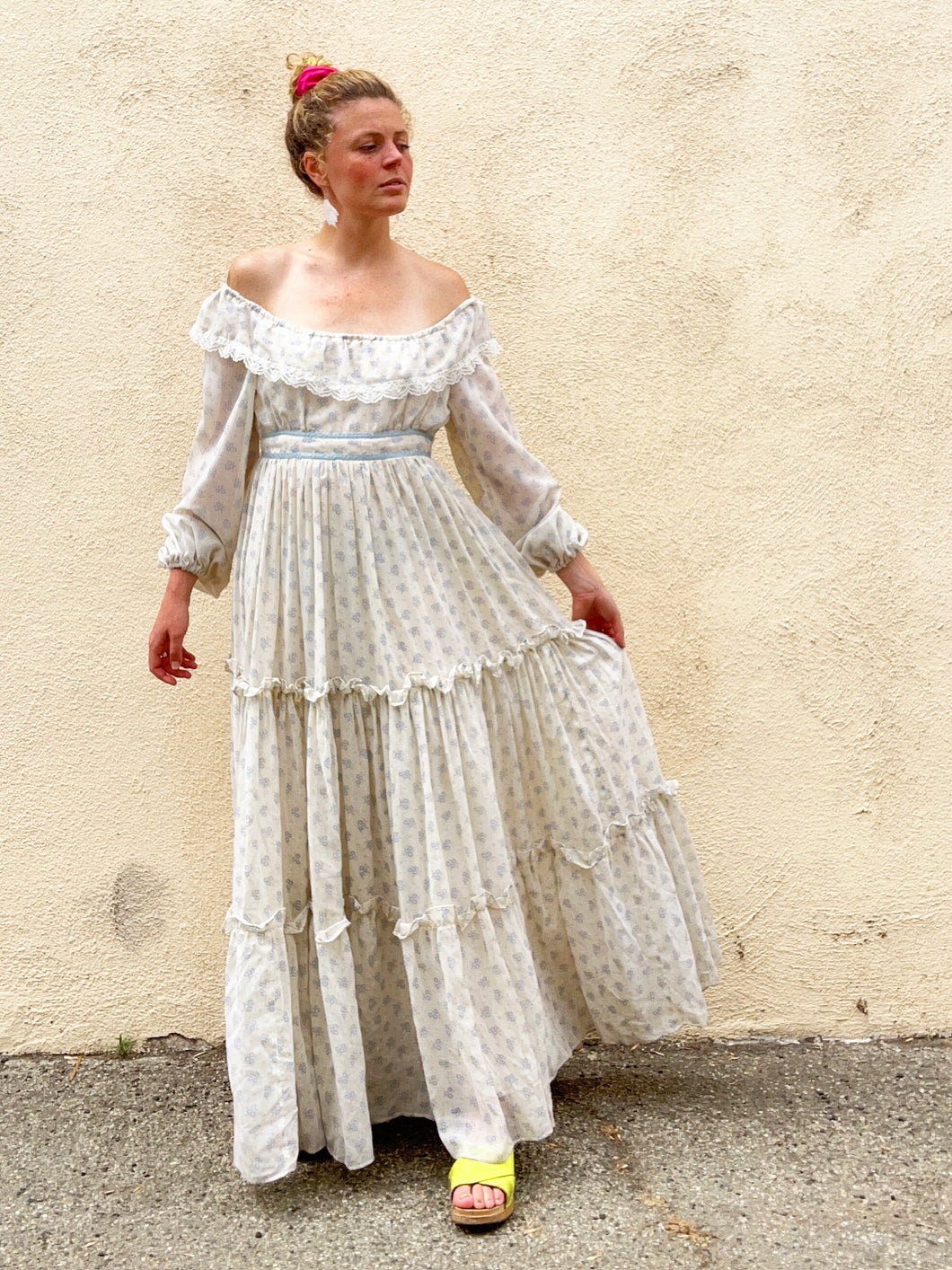 Vintage Gunne Sax Cream + Blue Floral Long Sleeve Maxi Dress