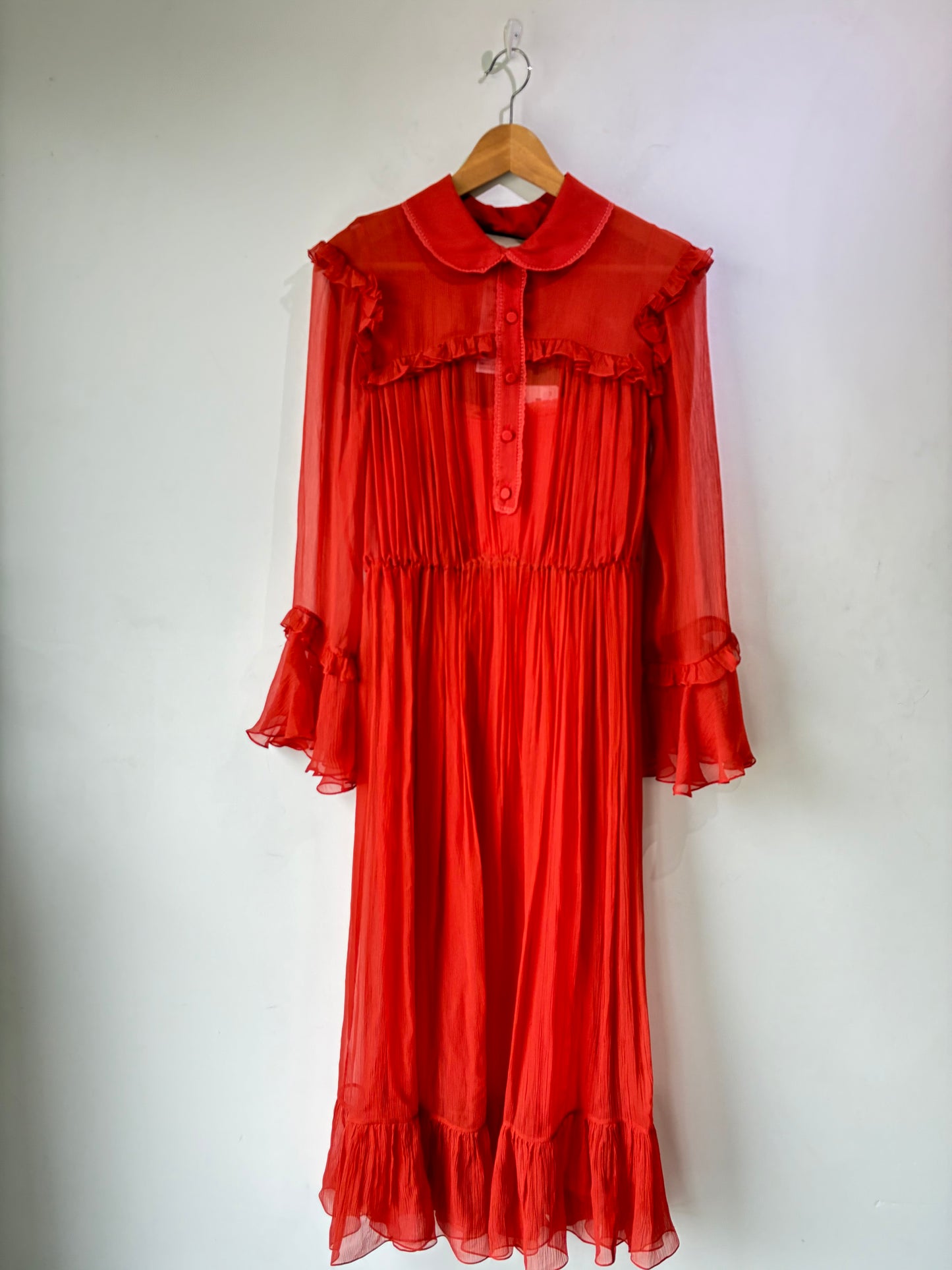 red silk organza dress Anne Fontaine - Long Red High-Low Silk Organza Dress With Frills for Woman - Cheryl - Tango Red