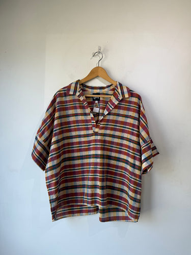 LWN rust multi plaid silk top