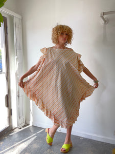 Electric Feathers Peach & Green Striped Ruffle Kaftan with Obi Belt