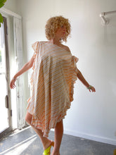 Electric Feathers Peach & Green Striped Ruffle Kaftan with Obi Belt