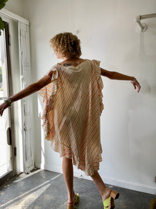 Electric Feathers Peach & Green Striped Ruffle Kaftan with Obi Belt