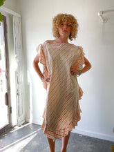 Electric Feathers Peach & Green Striped Ruffle Kaftan w Obi Belt (as is)