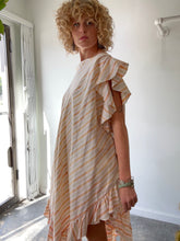 Electric Feathers Peach & Green Striped Ruffle Kaftan with Obi Belt