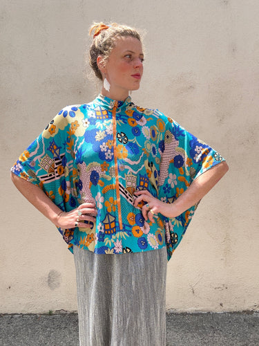 Vintage Psychedelic Aqua Floral Print Poncho Blouse