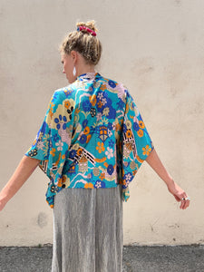 Vintage Psychedelic Aqua Floral Print Poncho Blouse