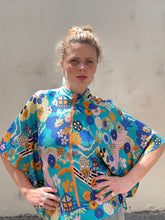 Vintage Psychedelic Aqua Floral Print Poncho Blouse