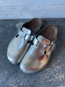 Metallic Silver Birkenstock Boston Slip-on Clogs