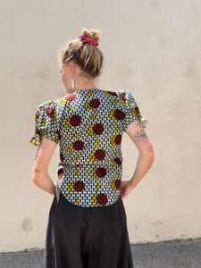 Vintage Japanese Blue and Red Circle Print Blouse