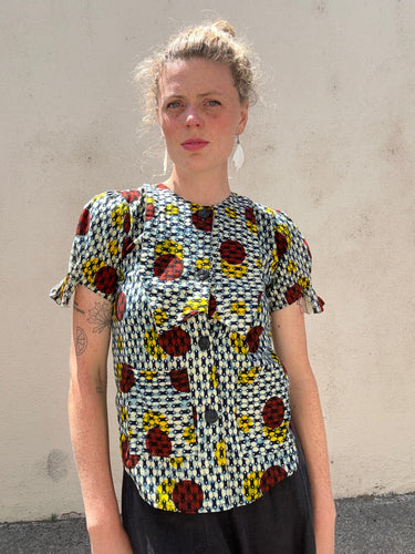 Vintage Japanese Blue and Red Circle Print Blouse