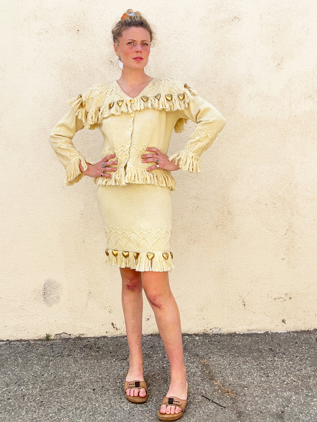 Claude Barthelemy Dusty Yellow Knit Skirt Set with Metal Hearts