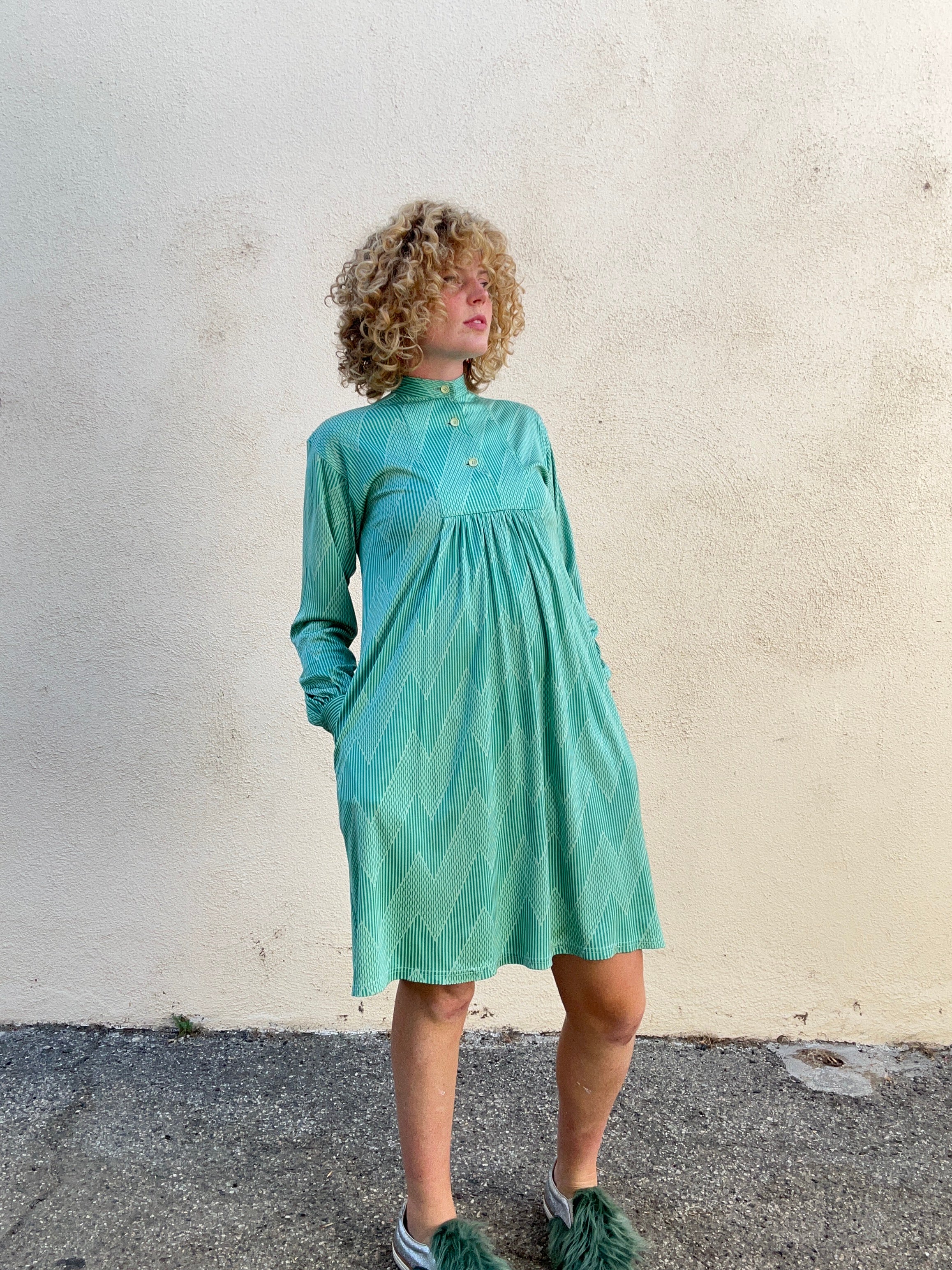 Issey Miyake 1 to 3 Green Pattern Long Sleeve Mini Dress – The