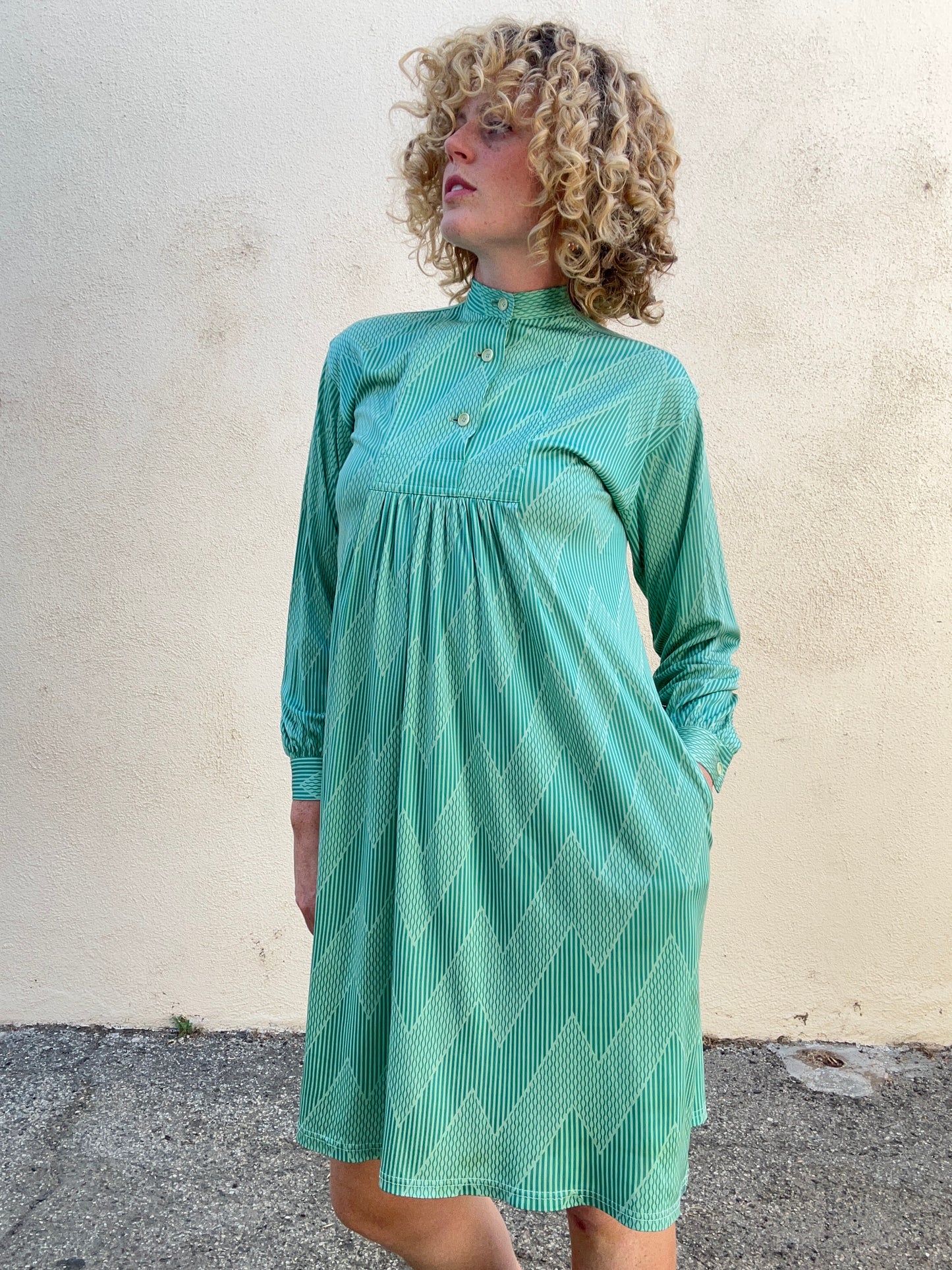 Issey Miyake 1 to 3 Green Pattern Long Sleeve Mini Dress The Curatorial Dept. Issey Miyake 1 to 3 Green Pattern Long Sleeve Mini Dress The Curatorial Dept.