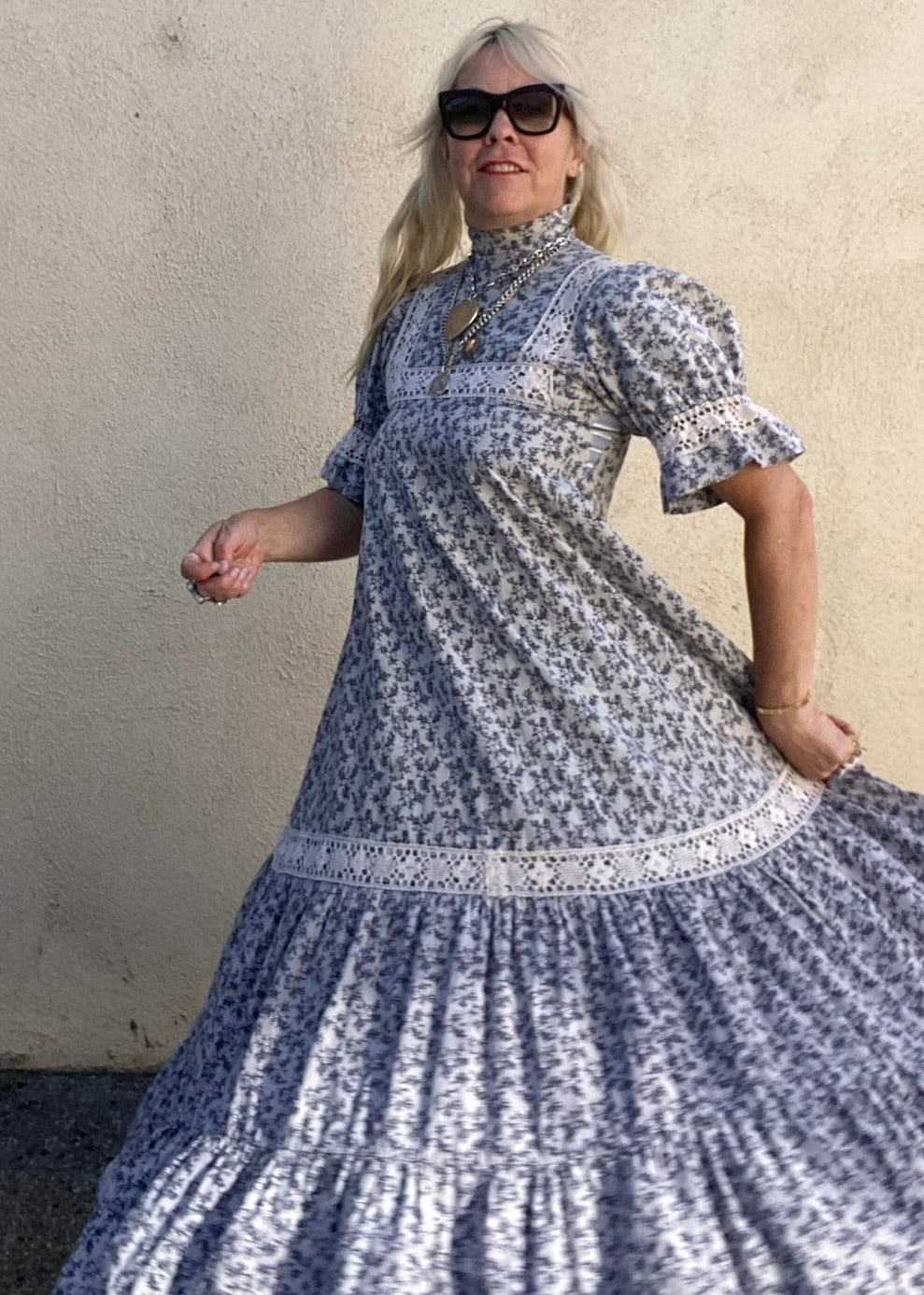 Early Laura Ashely Blue Calico Maxi Dress