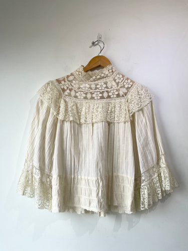 Vintage Cream Lace Trimmed Ruffle Blouse