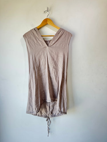 Magaschoni Hooded Sleeveless Linen Shirt with a v neck line and draw string hem