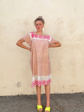 Vintage Pink Plaid Dress Caftan with Pink + White Lace Detail