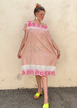 Vintage Pink Plaid Dress Caftan with Pink + White Lace Detail