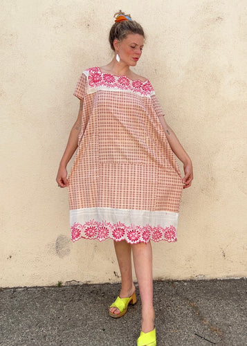 Vintage Pink Plaid Dress Caftan with Pink + White Lace Detail