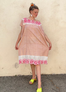 Vintage Pink Plaid Dress Caftan with Pink + White Lace Detail