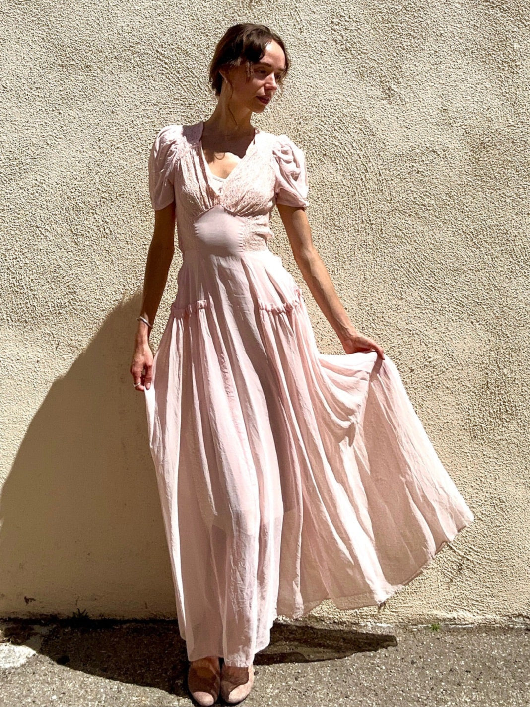 pink sheer maxi dress Ondina Pink Semi-Sheer Maxi Dress with Floral Applique, M / Pink