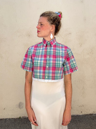 Wishful Sinful Raspberry Plaid Lace Trimmed Shirt
