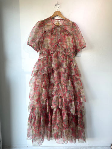 Doen Red Floral Armande Tiered Silk Dress