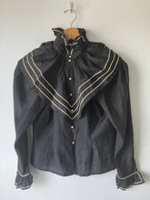 Vintage Genet Amant Black Ruffle Silk Blouse with Gold Piping