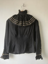 Vintage Genet Amant Black Ruffle Silk Blouse with Gold Piping