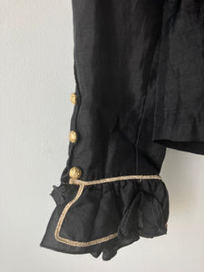 Vintage Genet Amant Black Ruffle Silk Blouse with Gold Piping