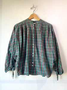 Doen Green Silk Plaid O’Keefe Gathered Blouse