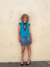 Vintage Grey Ant Aqua Grid Print Top