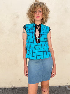 Vintage Grey Ant Aqua Grid Print Top