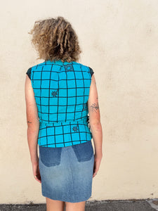 Vintage Grey Ant Aqua Grid Print Top