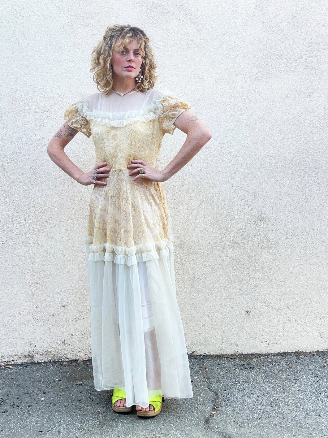 Antique Victorian Cream Lace and Tulle Wedding Dress As-Is