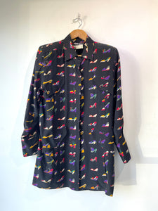 Fendi 365 Black Colorful Shoe Print Silk Blouse