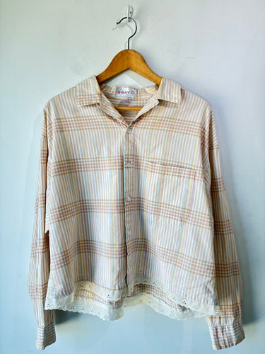 Bravo Brown Pastel Plaid Shirt with Eyelet Lace Trim