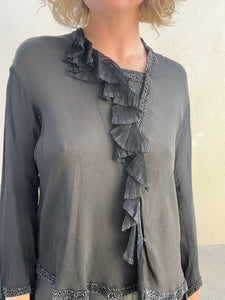 Victorian Black Beaded Silk and Ruffled Mourning Top