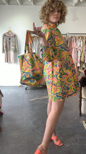 Vintage Wipette Paper Floral Neon Mini Dress with Matching Hat and Bag