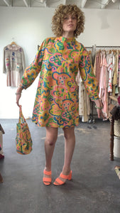 Vintage Wipette Paper Floral Neon Mini Dress with Matching Hat and Bag