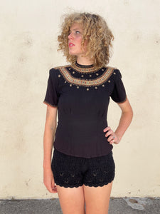 Vintage 1930s Black Embroidered Rayon Top