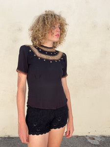 Vintage 1930s Black Embroidered Rayon Top