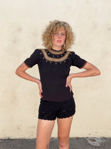 Vintage 1930s Black Embroidered Rayon Top