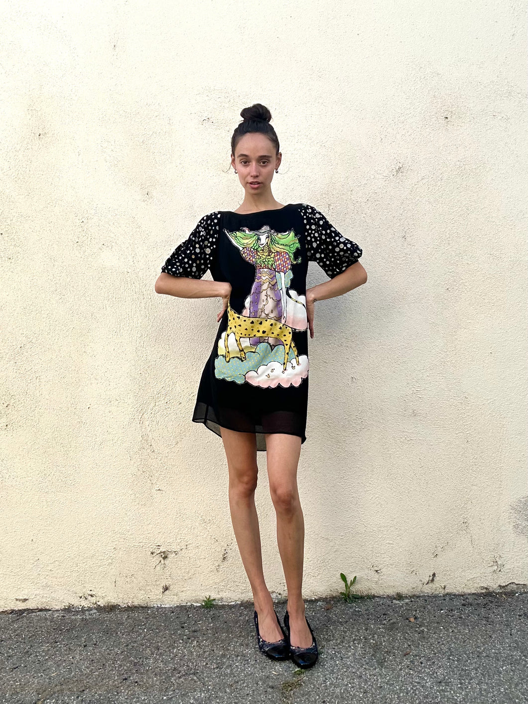 Tsumori Chisato Girl with Cheetah Black Silk Dress