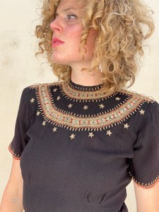 Vintage 1930s Black Embroidered Rayon Top